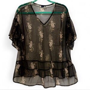 EUC Kaari Blue Curvy Sheer Floral Blouse